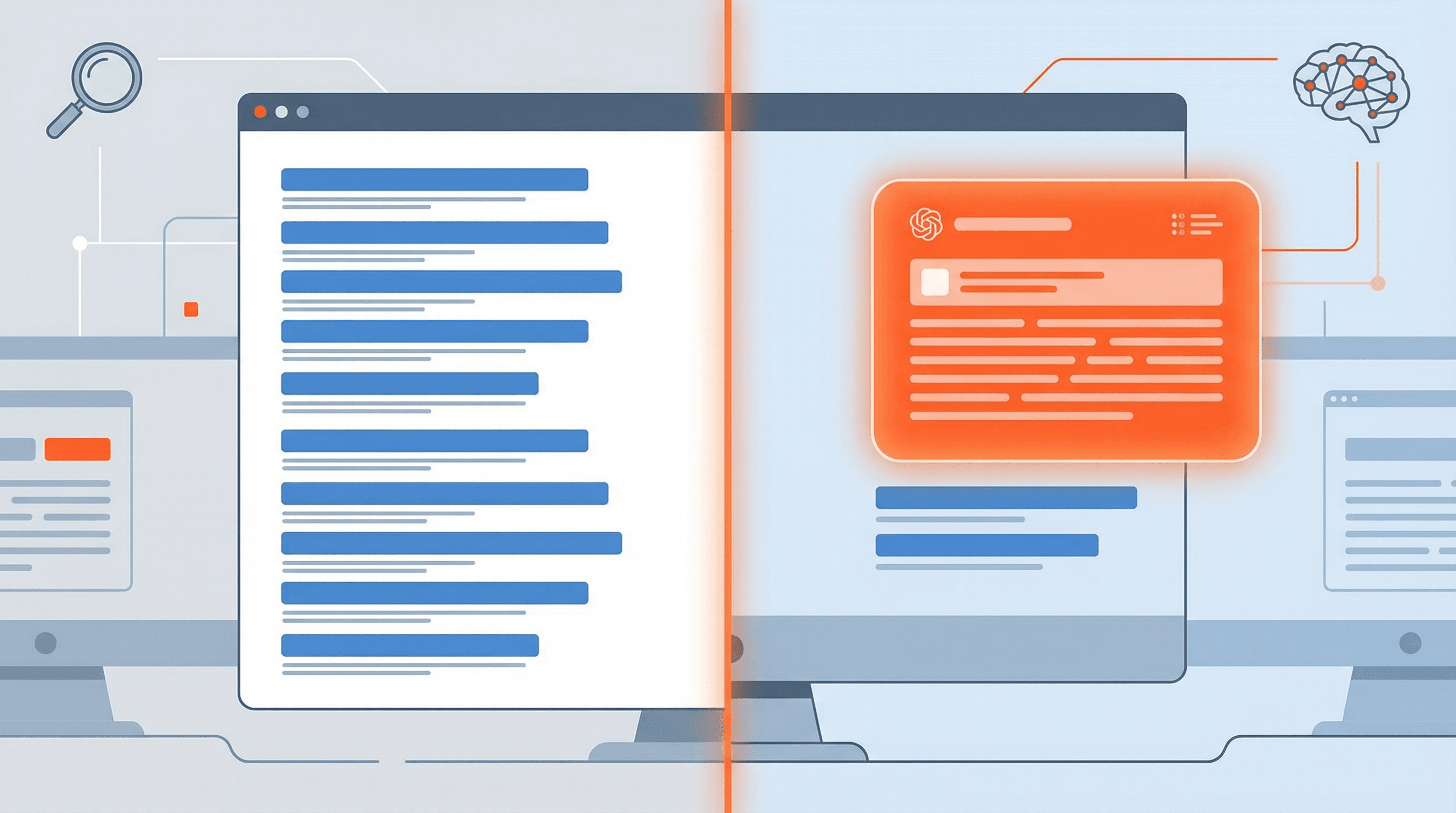 AI Optimization Orange County - A split-screen comparison showing a traditional search engine results page with 'ten blue links' on one side and a modern AI-generated overview box on the other, illustrating the 'Zero-Click' reality where answers are synthesized at the top. This should appear after the heading: The Zero-Click Reality: Why Rankings Aren't Enough | Excelsior Creative