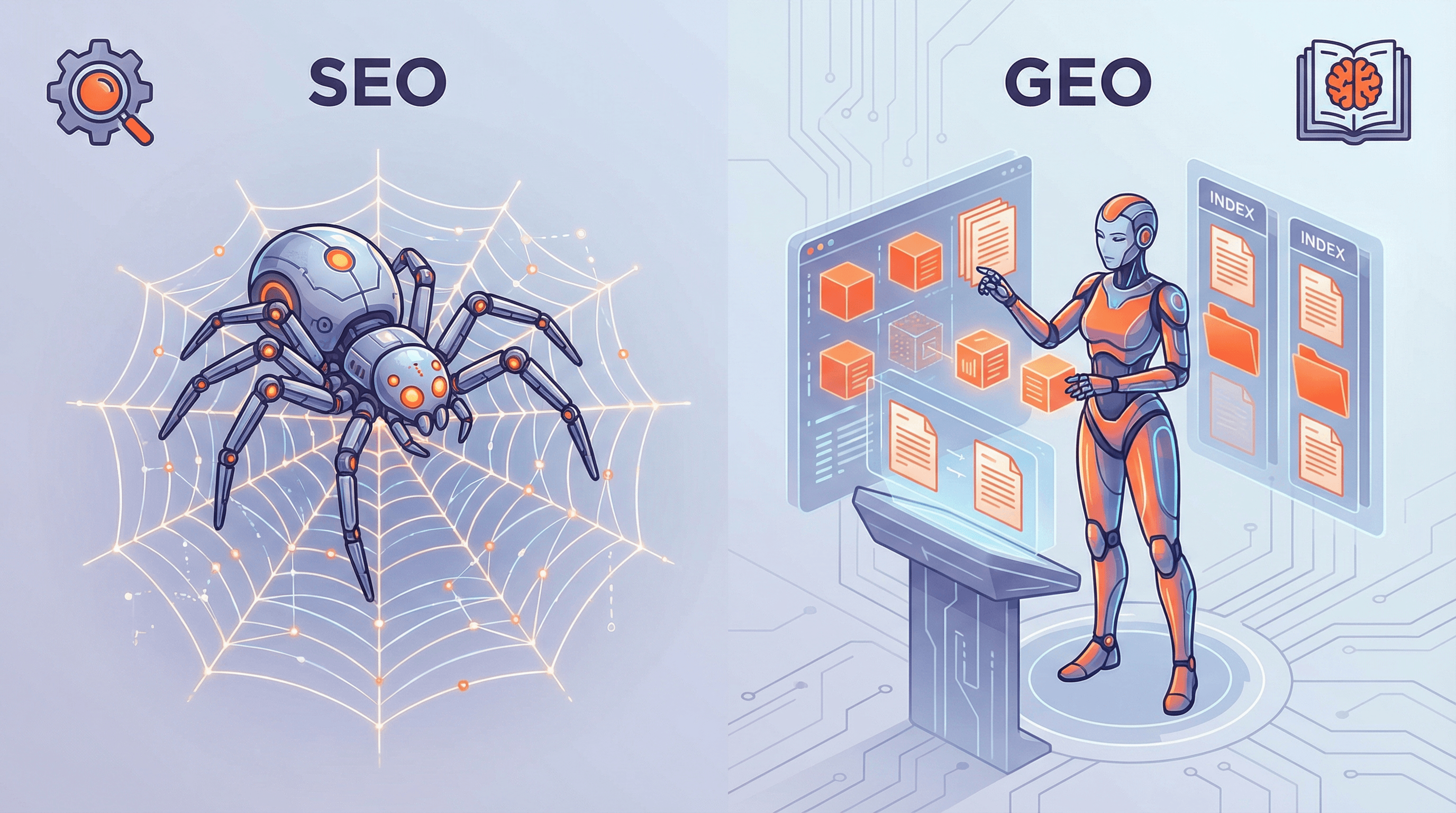 AI Optimization Orange County - An infographic illustrating the difference between SEO and GEO, depicting a robot spider crawling a web for SEO versus a sophisticated digital librarian organizing and citing specific data sources for GEO. This should appear after the heading: Defining AIO and GEO: The New Frontiers | Excelsior Creative
