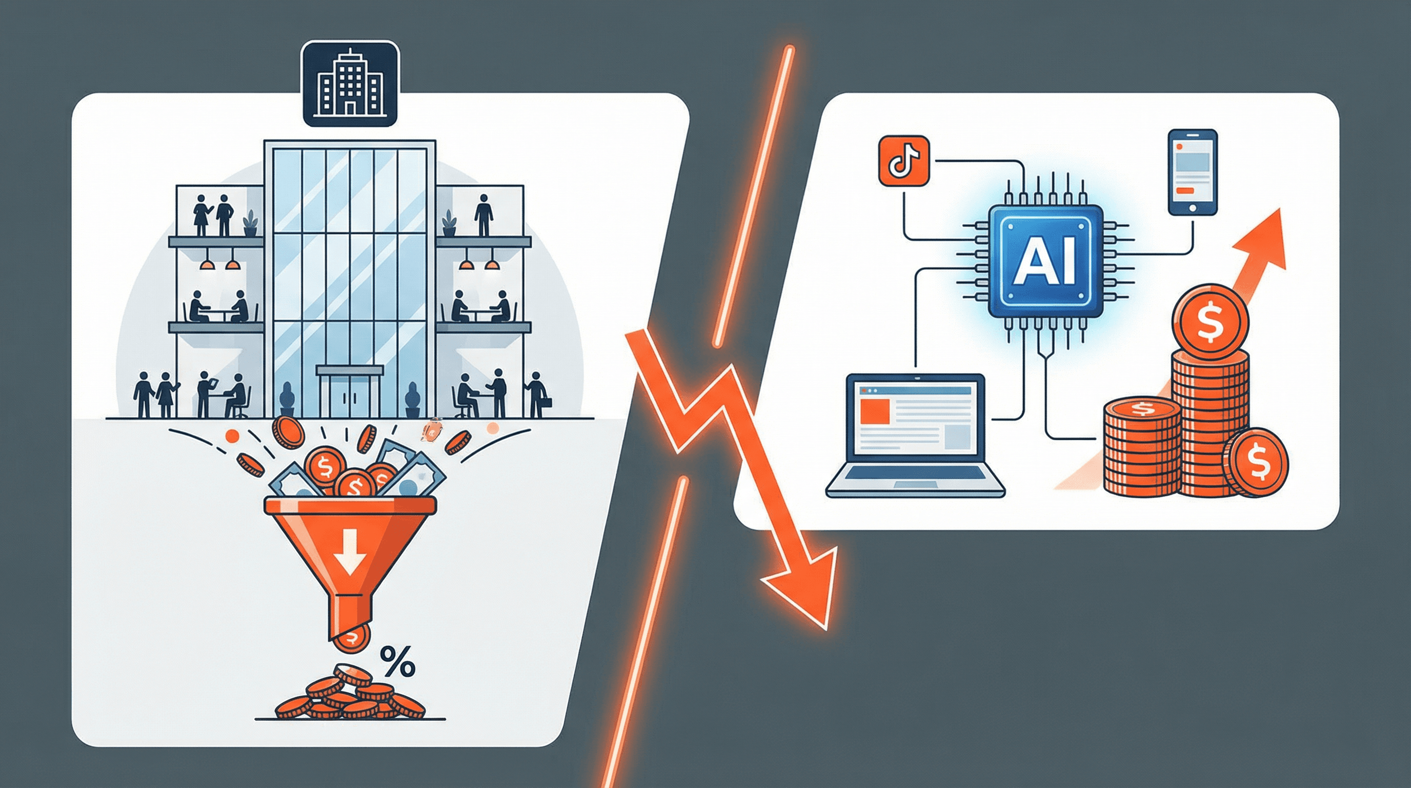 AI Social Media Marketing Orange County - A conceptual infographic comparing a traditional, high-overhead agency model featuring a luxury office and multiple staff layers against a streamlined AI-powered workflow, illustrating the 'Agency Tax' concept and the drain on budget following the heading 'The Agency Tax: Breaking Down the Inefficiencies of Traditional Social Media Management' | Excelsior Creative