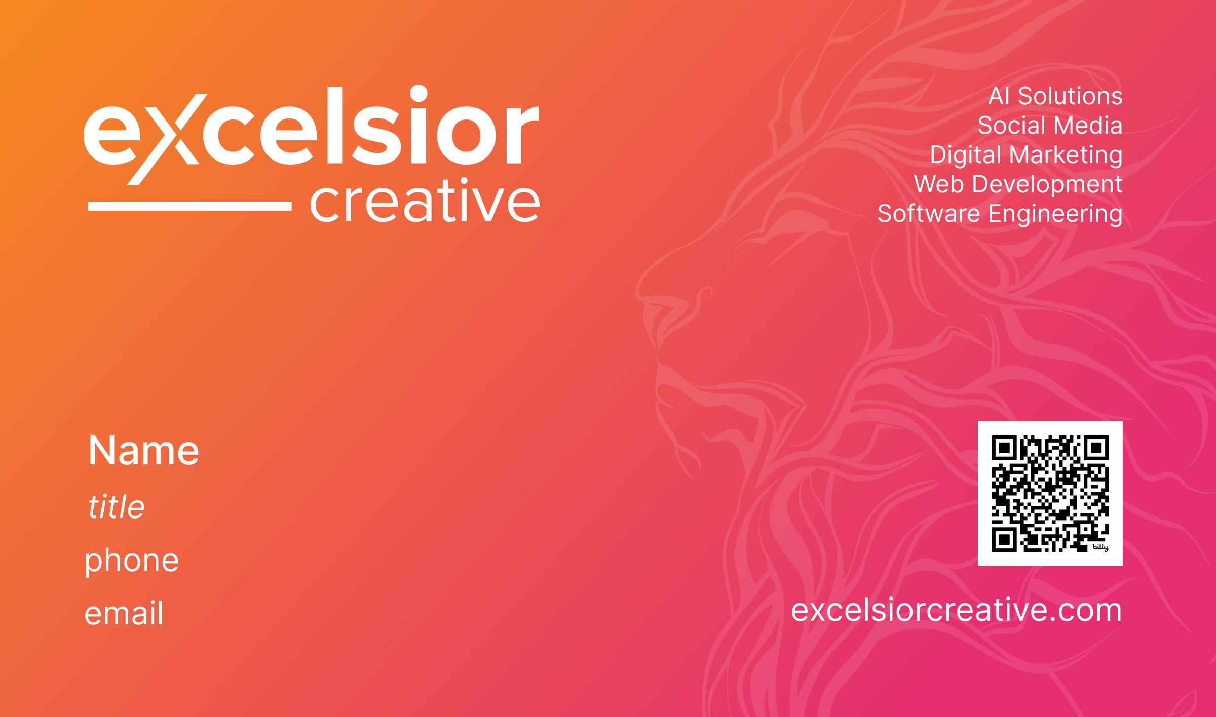 Excelsior Creative business card — orange-to-pink gradient with the lion silhouette and contact details